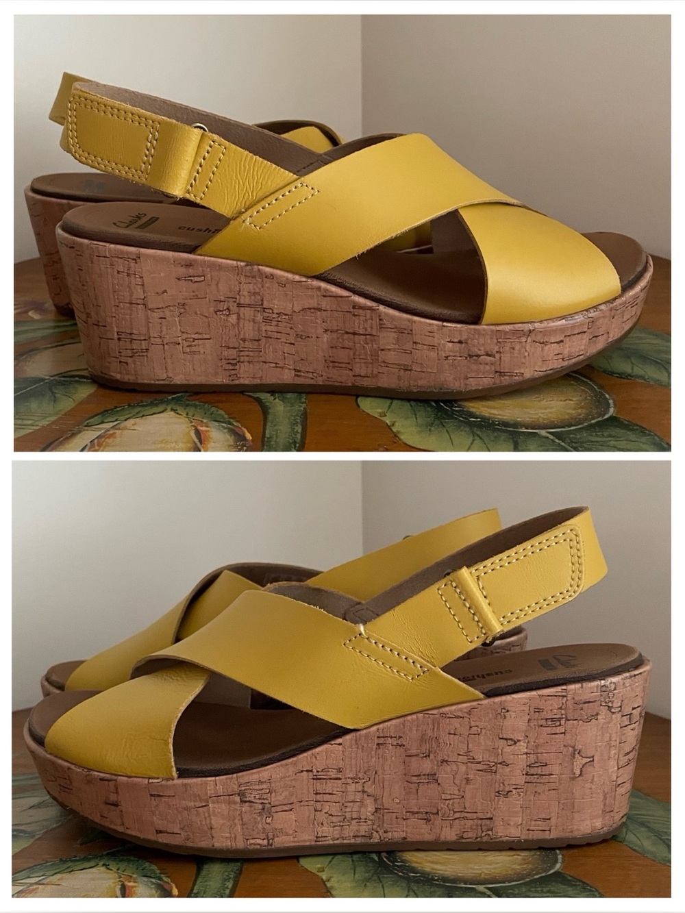 Clarks ‘Stasha Hale’ Yellow Leather Sandals Cross-Strap Cork Wedge Size 7.5 Wide - Picture 4 of 12